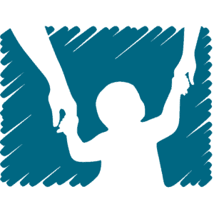 Focus on the Family ministry logo. Stylized silhouette of young child holding parents' hands