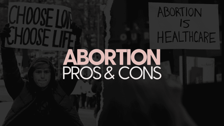 Image of people holding posters talking about human rights and abortion pros and cons
